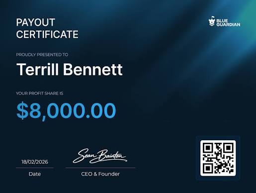 Payout Certificate Blue Guardian de Terrill Bennett : 8 000,00 $, le 18 février 2026.